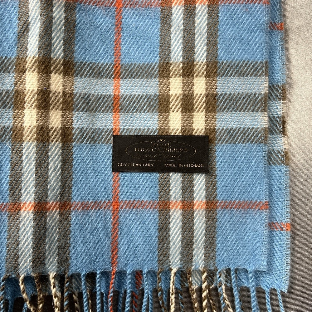 Hand Tailored 100% Cashmere Fringe Scarf Tartan Blue/ Brown / Orange Germany VTG - Picture 3 of 8
